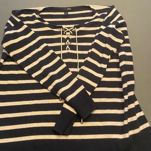 AQUA CASHMERE SWEATER WITH COOL LACE ALONG NECKLINE.